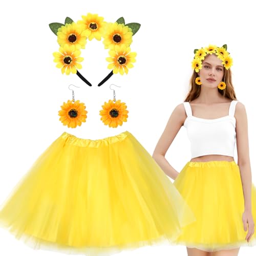 Epokus Damen Sonnenblumen Kostüm, Gelb Tutu Tüllrock + Sonnenblumen Haarschmuck Earrings Zubehör, Sonnenblumen Accessoires Set für Karneval Mottoparty Cosplay von Epokus