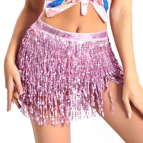 Epokus Pailettenrock für Damen,Glitzer Rock Rosa,Rave Outfit Damen Kostüm,Fransen Rock für Frauen und Mädchen für Fasching Karneval Party von Epokus