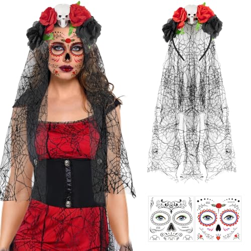 Epokus Tag Der Toten Kostüm Damen, Dia De Los Muertos Haarreif Schleier, Halloween Kopfschmuck, Rot Rosen Totenkopf Haarband mit Gesicht Tattoos, Haarband für karneval Fasching Maskerade Cosplay von Epokus