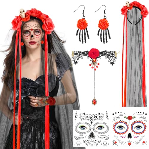 Halloween Kostüm Damen, Dia De Los Muertos Haarreif Schleier, Halloween Gesicht Tattoos Haarreif, Tag der Toten Kostüm, Gothic Halskette Choker Blumen Kronen Haarreif für karneval Fasching Maskerade von Epokus