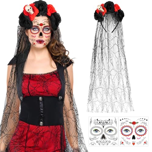 Tag Der Toten Kostüm Damen, Dia De Los Muertos Haarreif Schleier, Halloween Kopfschmuck, Schwarzen Rosen Totenkopf Haarband mit Gesicht Tattoos, Haarband für karneval Fasching Maskerade Cosplay von Epokus