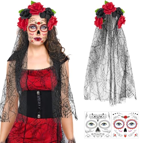 Epokus Tag Der Toten Kostüm Damen, Dia De Los Muertos Haarreif Schleier, Halloween Kopfschmuck, Schwarzen Rot Rosen Haarband mit Gesicht Tattoos, Haarband für karneval Fasching Maskerade Cosplay von Epokus