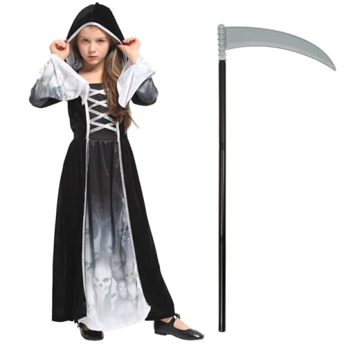 Epokus Sensenmann Mädchen Kostüm, halloween kostüm teenager 7-9 Jahre, Reaper Kostüm mit Sense, Gespenster prinzessin Kostüm kinder mädchen, Kapuzengewand für Halloween Karnevals Cosplay (Größe L) von Epokus