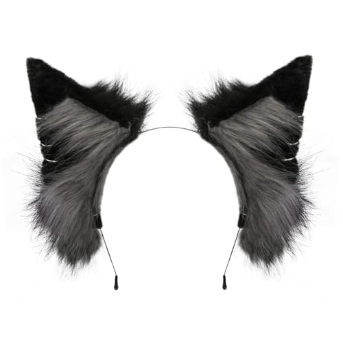 Epokus Katzenohren Haarreif Handgefertigtes, Fuchs Ohren Stirnband, Wolf Ohren Haarband, Tierohren Haarreif, Damen Kinder Kopfbedeckung für Karneval, Halloween Mottoparty Cosplay (Schwarz) von Epokus