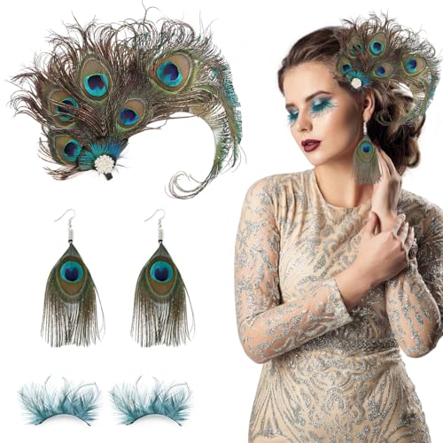 Epokus Pfau Feder Zubehör Set, Pfauenfedern Haarschmuck + Bunte Pfauenfedern Wimpern + Pfauenfeder Ohrringe, 1920s Retro Pfau Kostüm Damen für Karneval Fasching Mottoparty Cosplay von Epokus