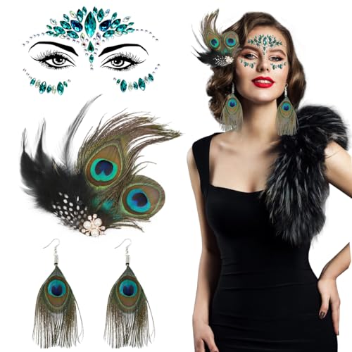 Pfau Kostüm Damen, Pfauenfedern Haarschmuck + Strassstein-Gesichtsaufklebern + Pfauenfeder Ohrringe, Pfau Kopfschmuck, 20er Jahre Accessoires für Damen Karneval Fasching Halloween Mottoparty Cosplay von Epokus