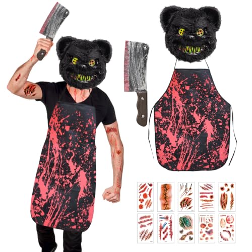 Epokus Horror-Bär Kostüm, Gruselige Halloween Männer Kostüme, Schwarz Horror Bärenmaske Blutige Küchenmesser Aufkleber Schürzefür für Herren Halloween Karneval Motto Grusel Cosplay Fasching Party von Epokus