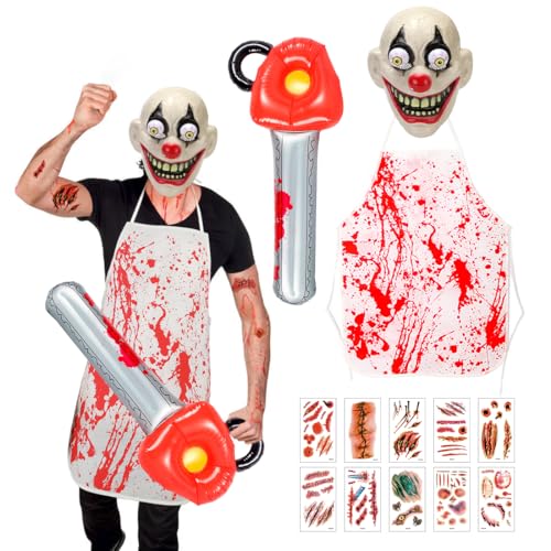 Epokus Serienmörder Clown Kostüm, Gruselige Halloween Männer Kostüme, Horror Clown Maske Blutige Aufkleber Schürze Aufblasbare Kettensäge für Halloween Karneval Motto Grusel Cosplay Fasching Party von Epokus