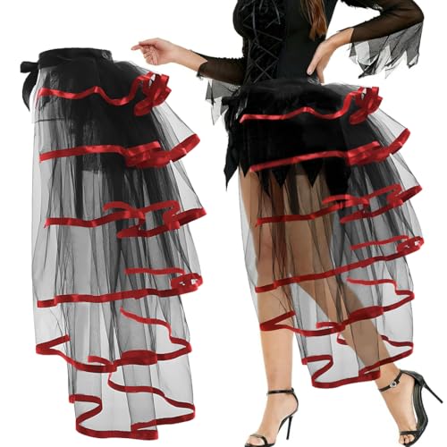 Steampunk Tüllrock Damen, Bustle Röcke Viktorianisch, Petticoat Retro Klassischer, Schwarzer Tüll Tutu mit rot gefärbtem Saum Damen, Tutu Gürtel für Kostümparty Karnevalskostüm, Abnehmbare Schleppe von Epokus