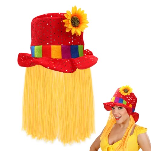 Hut Clara mit Sonnenblume und Glitzer-Pailletten, Rot Partyhut, Blume Clownhut Kopfschmuck, Zirkus Zirkus Clown Stoffhut Accessoire Karneval Halloween Fasching Mottoparty von Epokus