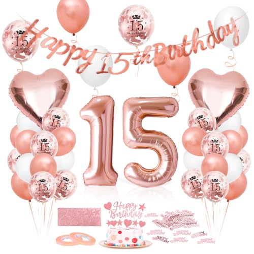Luftballon 15. Geburtstag Roségold, Geburtstagsdeko 15 Jahr, Ballon 15. Geburtstag, Riesen Folienballon Zahl 15, Happy Birthday Folienballon 15, Ballon 15 Deko zum Geburtstag Frauen von Epokus