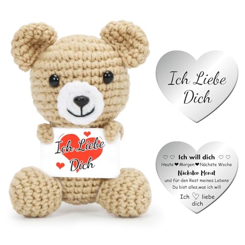 Mini Bär Ich Liebe Dich Geschenke, Jahrestag Geschenk Frauen, Kreative Strickwolle Bär Puppe mit Liebesmünzen Karte, Khaki Pocket Hug Bär, Romantische Geschenk für Ehefrau Hochzeitstag Valentinstag von Epokus