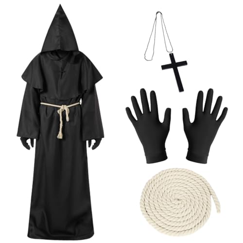 Mönch Robe, L-Größe Mittelalter Renaissance Robe, Herren Kapuze Mönch Kostüm, Priester Robe mit Kordel Handschuhe Kreuz, Schwarz Männer Prister Gewand Kostüm für Halloween Karneval Fasching Cosplay von Epokus