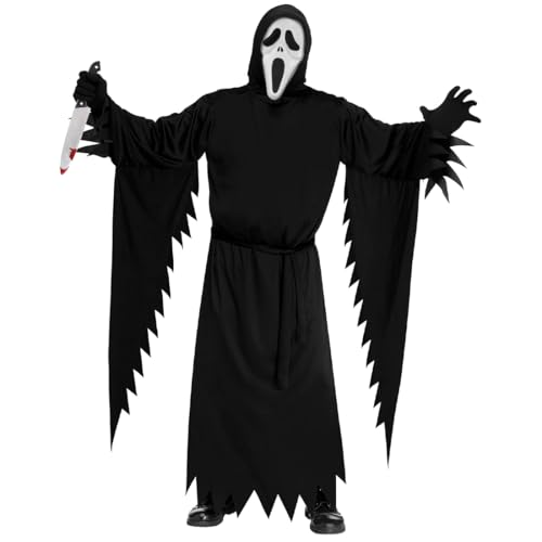 Schauriges Screaming Ghost Kostüm, Gruseliges Geistergesicht Scream Kostüm, Scary Erwachsene Halloween Kostüm mit Scream Mask Spielzeugmesser, Geist Kostüm für Halloween Karneval Faschings Cosplay von Epokus