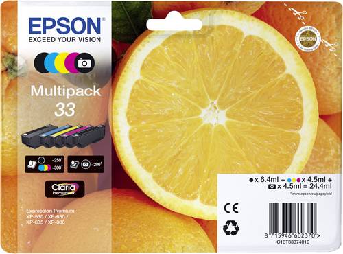 Epson Druckerpatrone T3337, 33 Original Kombi-Pack Schwarz, Foto Schwarz, Cyan, Magenta, Gelb C13T33 von Epson