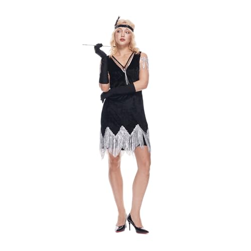 EraSpooky Aufwändiges Flapper Kostüm für Damen im Stil der 1920er Jahre Vintage Kleid mit Fransen für Erwachsene Federstirnband und Handschuhen L von EraSpooky