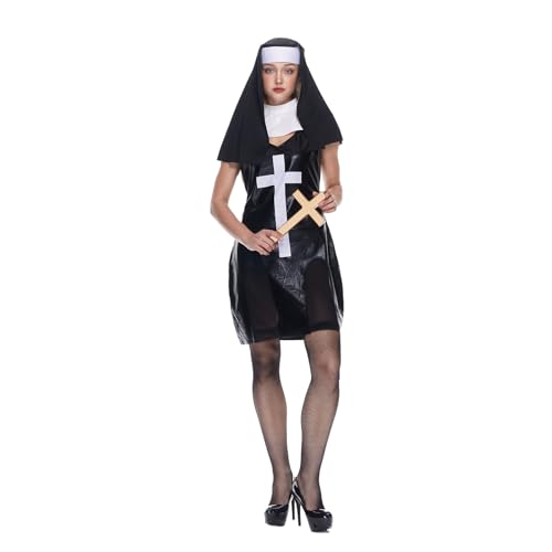 EraSpooky Damen Nonnen Kostüm mit Kopfbedeckung, Kragen, Socken Erwachsene Halloween Karneval Kloster,Kirche Kleid Kostüm von EraSpooky