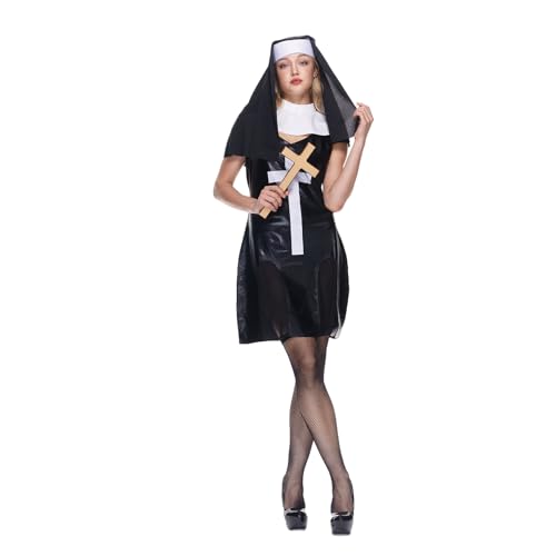 EraSpooky Damen Nonnen Kostüm mit Kopfbedeckung, Kragen, Socken Erwachsene Halloween Karneval Kloster,Kirche Kleid Kostüm von EraSpooky