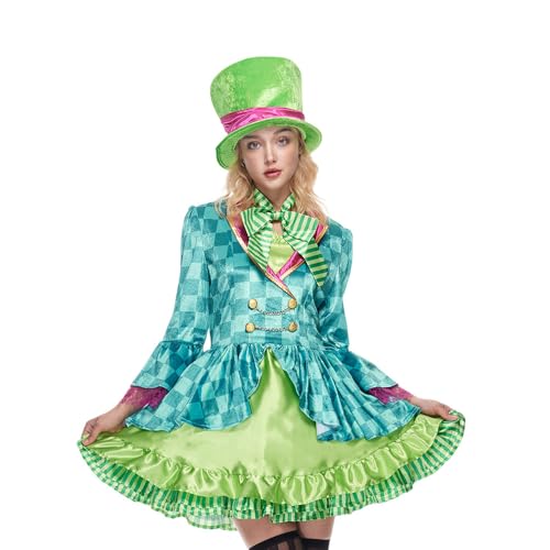 EraSpooky Erwachsene Frauen Hutmacher Kostüm Mad Tea Party Halloween Cosplay mit Bowtie Zylinder Size S von EraSpooky