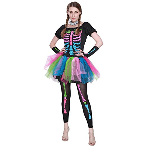 EraSpooky Funky Punk Bones Damen Kostüme Skelett bunt Tutu Kleid, mehrfarbig, Medium von EraSpooky