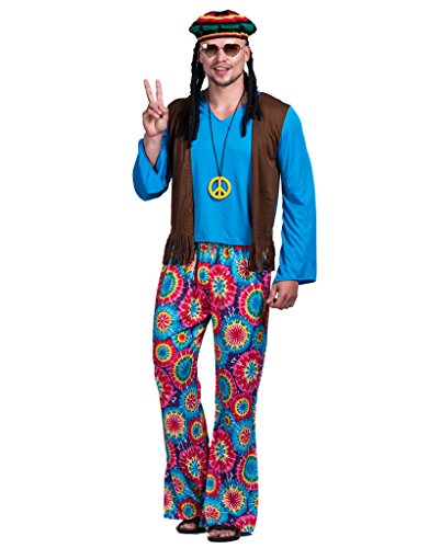 EraSpooky 70er 80er Herren Hippie Kostüm Schlaghose Liebe Frieden Kostüm Boho Blumendruck Ausgestellte Hosen Hippie Disco Hosen Set mit Hippie Accessoires von EraSpooky