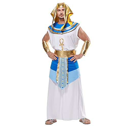 EraSpooky Pharaokostüm Herren Ägypter Kleid Halloween Kostüm Egyptian Kopfschmuck Weiß Blau L von EraSpooky