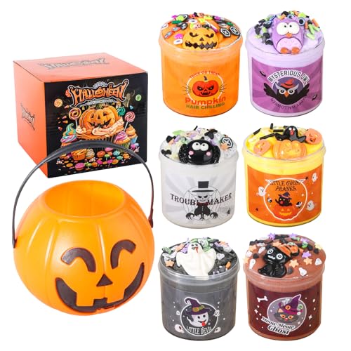 Slime Making Kit, Halloween Kürbis Schlamm Schlamm Spielzeug, Halloween Kürbis Eimer mit 6 Packungen Kristall Schlamm Butter Slime Kit für Mädchen Jungen von Erice