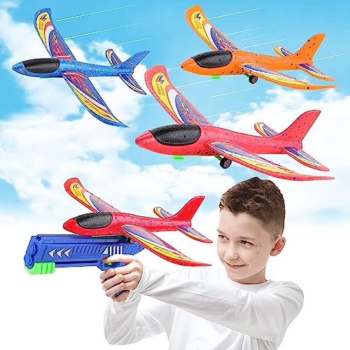 Flugzeug Spielzeug, Kinder Schaum Flugzeug Segelflugzeug, Styroporflieger Wurfgleiter Katapult Kinderspielzeug Pistole mit 4 Schaum Flieger,Outdoor Sport Spielzeug Geschenk für Jungen Mädchen (blue) von Erlliyeu