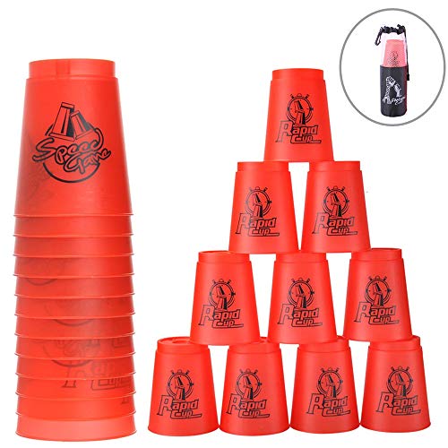 Quick Stacks Cups 12er Pack Sport-Stapelbecher Speed-Trainingsspiel Challenge Competition Party-Spielzeug mit Tragetasche (rot) von Erlsig