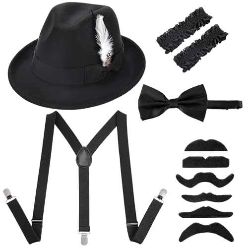 Erogeen 1920er Jahre Herren Kostüm Retro Gatsby Gangster Zubehör Set Fedora Hut Strapse brüllende 20er Jahre Kostüme (schwarz) von Erogeen