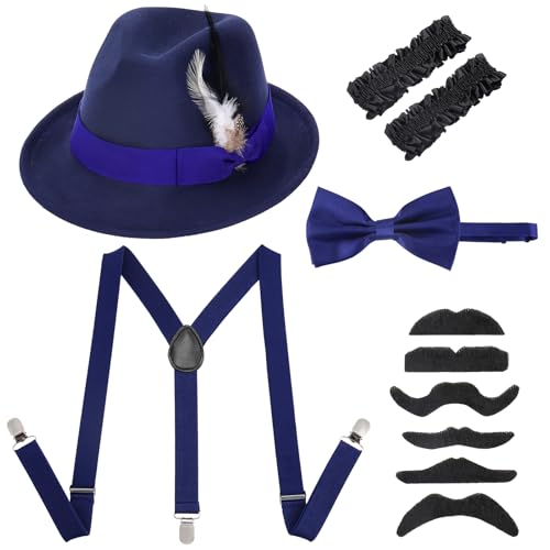 Erogeen 1920er-Jahre-Kostüm, Retro-Gatsby-Gangster-Zubehör-Set, Fedora-Hut, Strapssträger, brüllende 20er-Jahre-Kostüme (Marineblau) von Erogeen