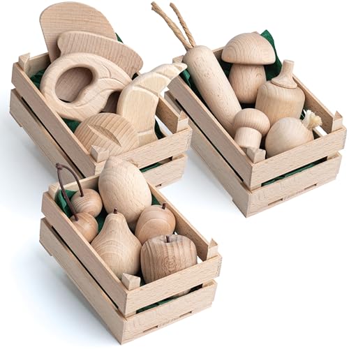 Erzi 06003 Sortiment Obst, Backwaren und Gemüse Natur, klein, 3er Set aus Holz, Kaufladenartikel für Kinder, Rollenspiele von Erzi