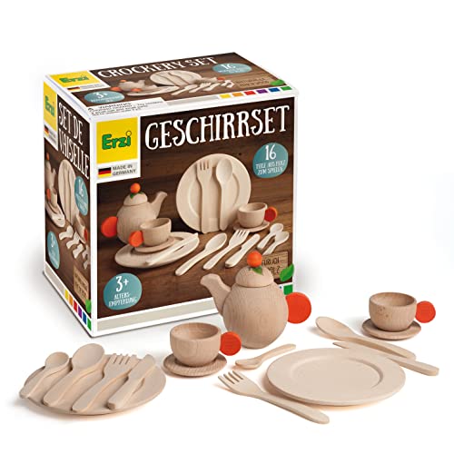 Erzi 10678 Geschirrset Natur aus Holz, Kinderküche, Kaufladenartikel für Kinder, Rollenspiele von Erzi