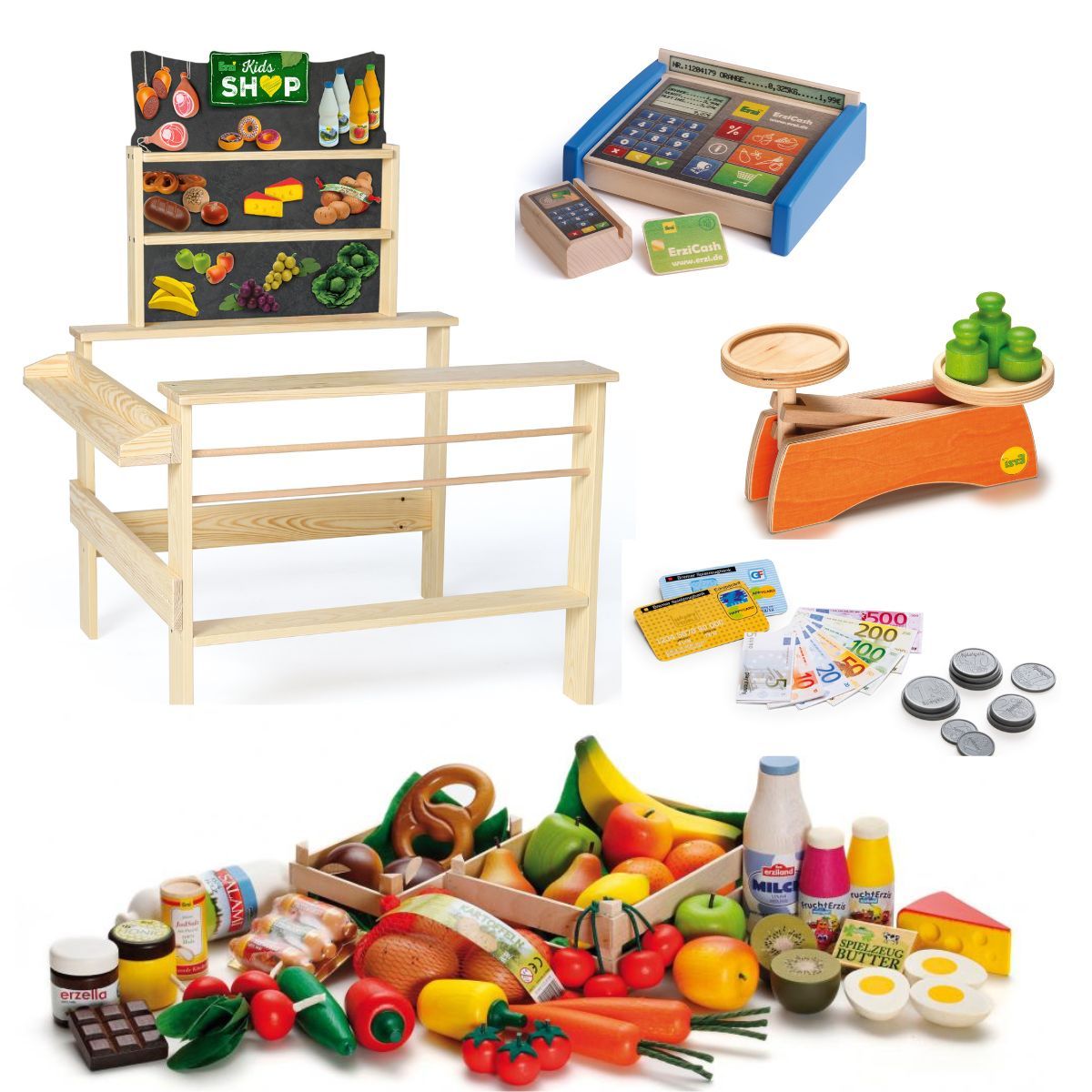 Holzspielzeug Kaufmannsladen Set mit 138 teiligem Zubehör, Erzí Holzspielzeug Kaufmannsladen Set mit 138 teiligem Zubehör, Erzí von Erzi