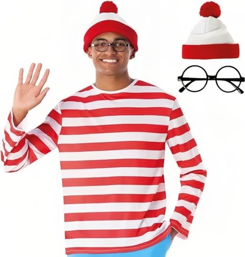 Esaleely Cosplay-Kostüm für Erwachsene, rot-weiß gestreift, Halloween-Kostüm für Herren, Damen, Teenager, Kostüm-Set, Brille, Anzug, Hut (Herren, XL) von Esaleely