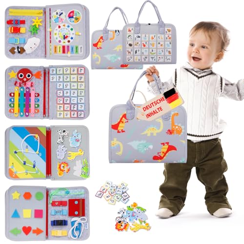 Busy Board Deutsch Montessori Spielzeug ab 1 2 3 4 Jahre, Activity Board Book Kleinkinder Motorikspielzeug, Geschenk Junge Mädchen, Baby Lernspielzeug, Motorikbrett für Reise Auto Flugzeug (Grau) von Esjay