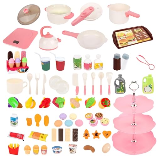 Esncddym Pretend Cooking Playset,Utensilien Kochgeschirr Spielzeug,98-teiliges Küchenspielzeug für Kleinkinder | Kinder-Töpfe und Pfannen-Set mit Spielnahrung, Kleinkind-Kochset, Dessert-Spielset für von Esncddym
