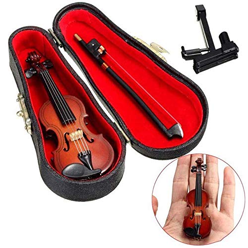 Esoes Hölzerne Violine Miniatur Musikinstrument Modell, Mini schöne künstliche Violine Puppenhaus Ornament Urlaub Zubehör Geschenk mit Unterstützung Stehen Bogen und schwarzen Fall (Violine) von Esoes