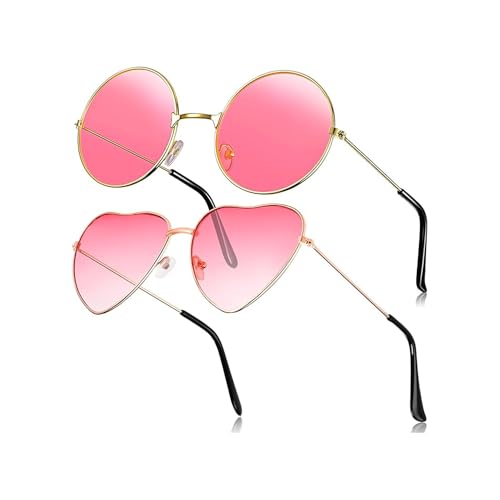 Esshogo Retro Hippie Sonnenbrillen Set Rund und Herzbrille Set Partybrillen, Accessoires für Karneval Party Foto Requisiten Herren Damen, Sonnenbrille für Herren Damen Party Festival von Esshogo