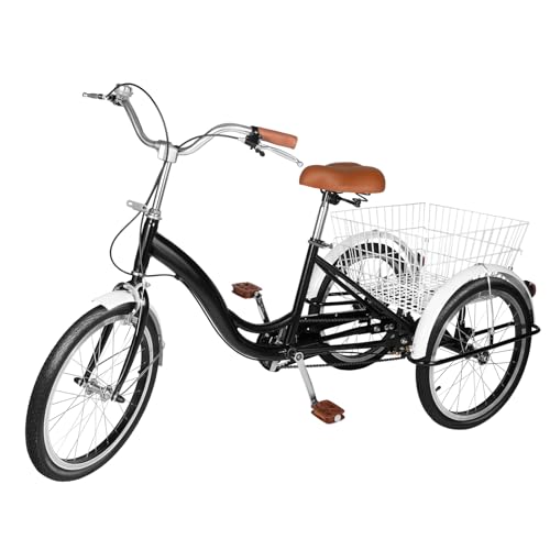 Adult Tricycle 20 Zoll Single-Speed-Shift Tricycle Dreirad Senioren Dreirad Carbonstahl Schwarz Tricycle Mit Einkaufskorb Cargo Für Senioren, Frauen und Männer von Estabeter