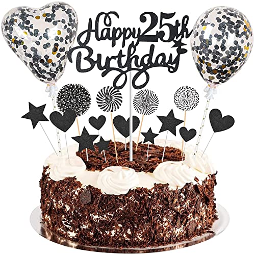 Happy 25th Birthday Tortendeko 25 jahre junge mädchen Kuchen Deko25.Geburtstag Schwarz Tortendeko 25. Geburtstag junge Tortendeko Schwarz Mit Herz Stern Ballon Glitter Cake Topper für 25 Geburtstag von Esteopt