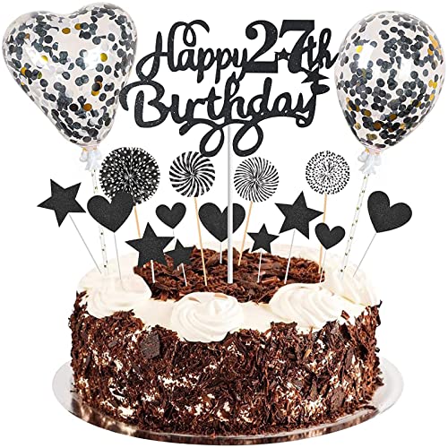 Happy 27th Birthday Tortendeko 27 jahre junge mädchen Kuchen Deko27.Geburtstag Schwarz Tortendeko 27. Geburtstag junge Tortendeko Schwarz Mit Herz Stern Ballon Glitter Cake Topper für 27 Geburtstag von Esteopt