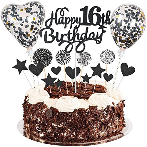 Happy16th Birthday Tortendeko 16 jahre junge mädchen Kuchen Deko16.Geburtstag Schwarz Tortendeko 16. Geburtstag junge Tortendeko Schwarz Mit Herz Stern Ballon Glitter Cake Topper für 16 Geburtstag von Esteopt