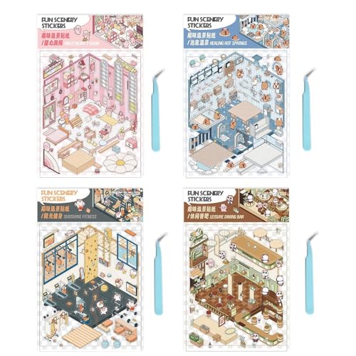 Eteslot 4Pack Room Sticker Book, 3D Sticker Scene, Miniatur-Szenenaufkleber,Aufkleber Zum Stressabbau Mit 3D-Effekt - Kabinenszenen-Aufkleber, Handkonto-Aufkleber von Eteslot