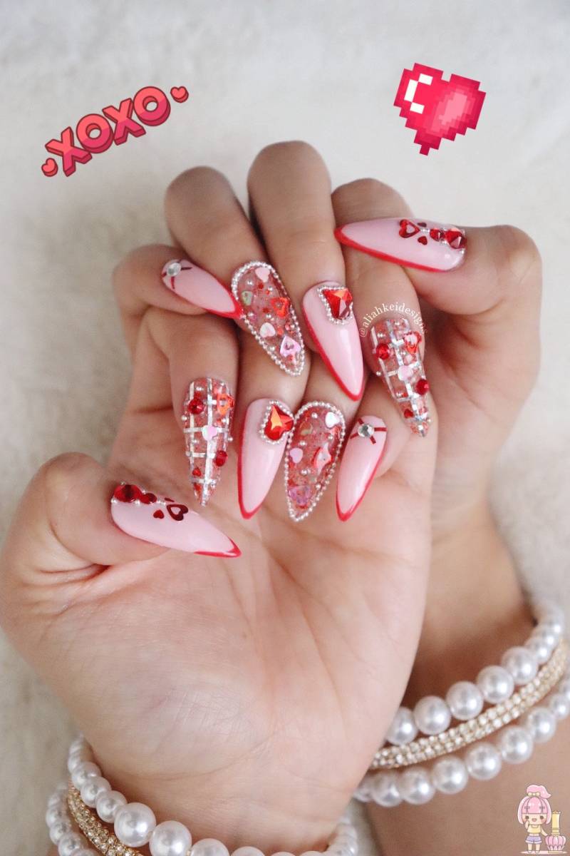 Pink & Rot Drücken Sie Auf Die Nägel | Kawaii Süße |Prinzessinnen |Fake |stiletto |Swarovski Nägel| Gel von Etsy - AliahKeiDesigns