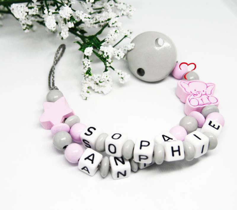 Schnullerkette Doppelname Personalisiert Elefant Mit Stern Rosa von Etsy - AnniLieblingsstuecke