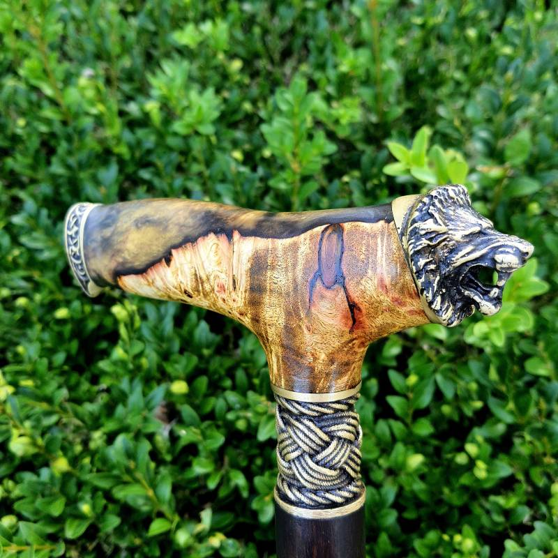 Löwe Walking Cane Gehstock Handarbeit Holz Hybrid Acryl Burl Handle E54 von Etsy - Artcrafft