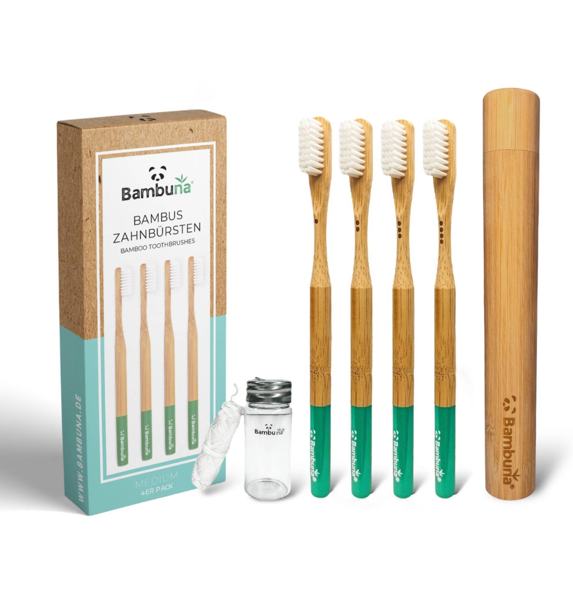 Bambuna® Bambus Zahnbürsten Set 4-Teilig | Plastikfreie Zahnbürste Mit Mittelweichen Borsten & Etui Nachhaltige Zahnseide von Etsy - BAMBUNAde