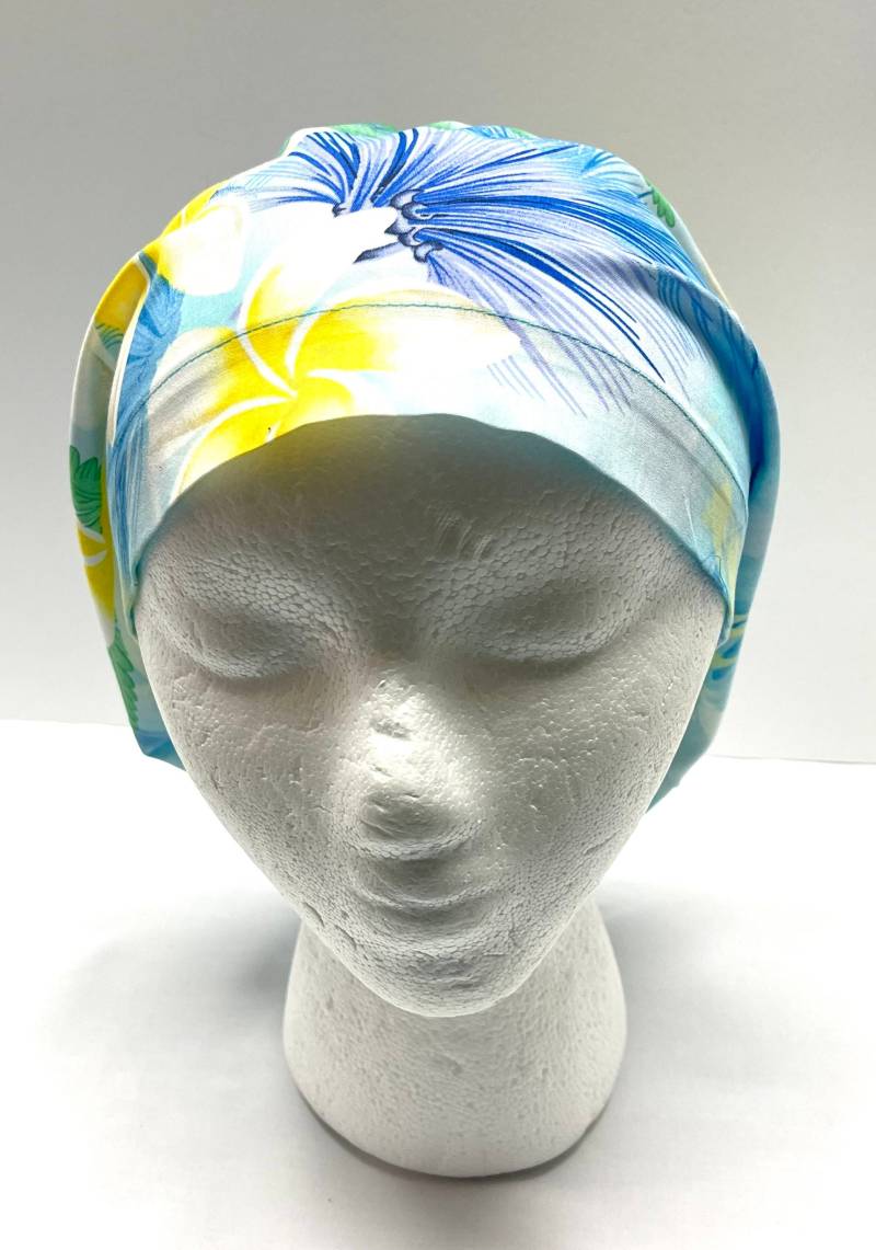 Euro Nurses Cap Hawaiian Print Blau Mit Lila Lehua Gelb Plumeria Palapalai Farn Mütze/Scrub Bonnet Einheitsgröße von Etsy - BDineCreations