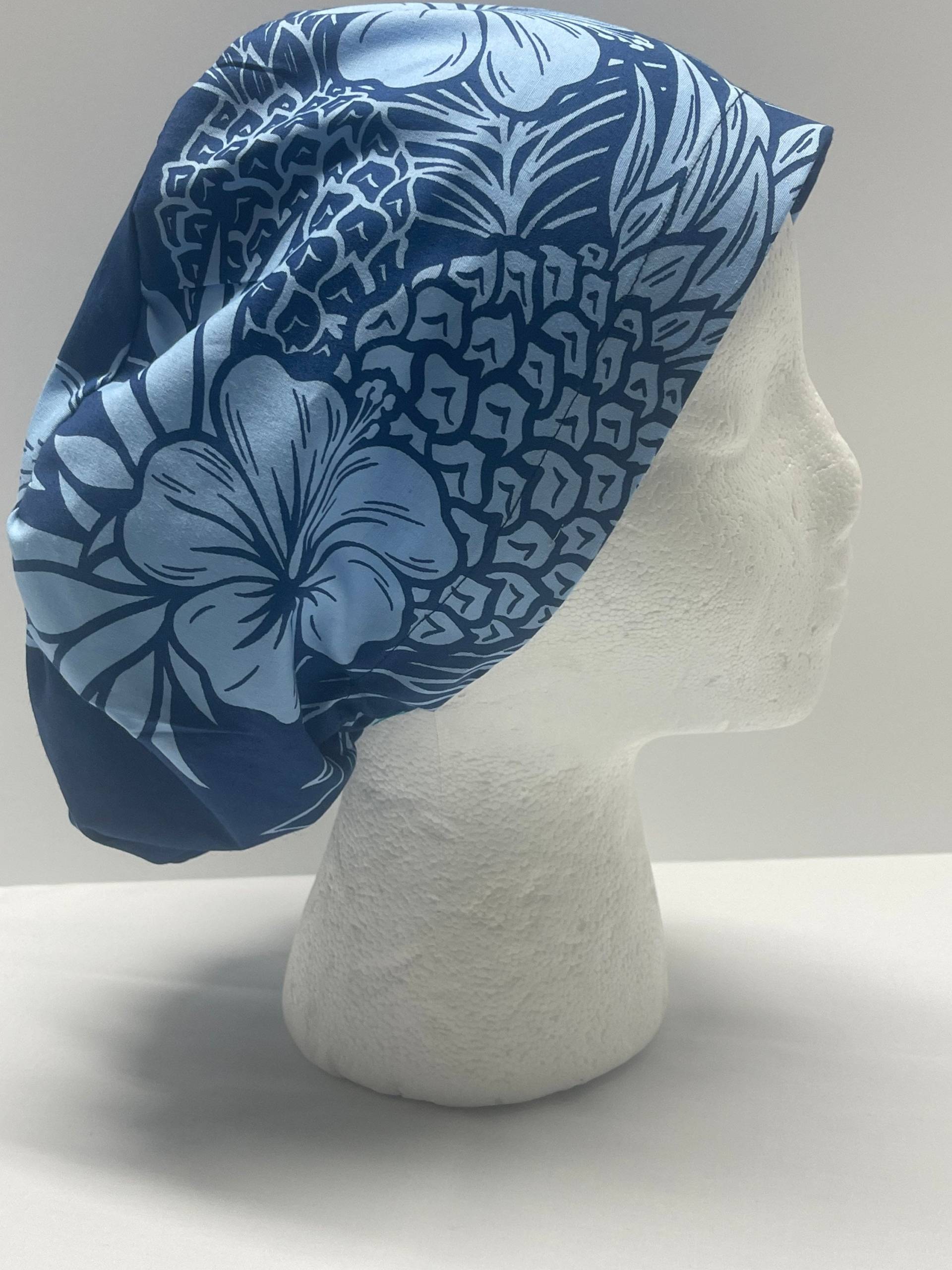 Euro Nurses Cap Hawaiian Print Marineblau Mit Hellblauem Hibiskus Und Ananas Mütze/Scrub Bonnet Einheitsgröße von Etsy - BDineCreations